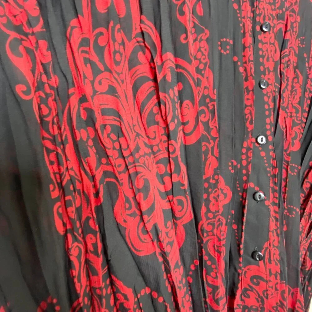 NWT Maggie Barnes Red Black Crinkle Sheer Crepe Button Up Top 0X 14/16 - Picture 6 of 9